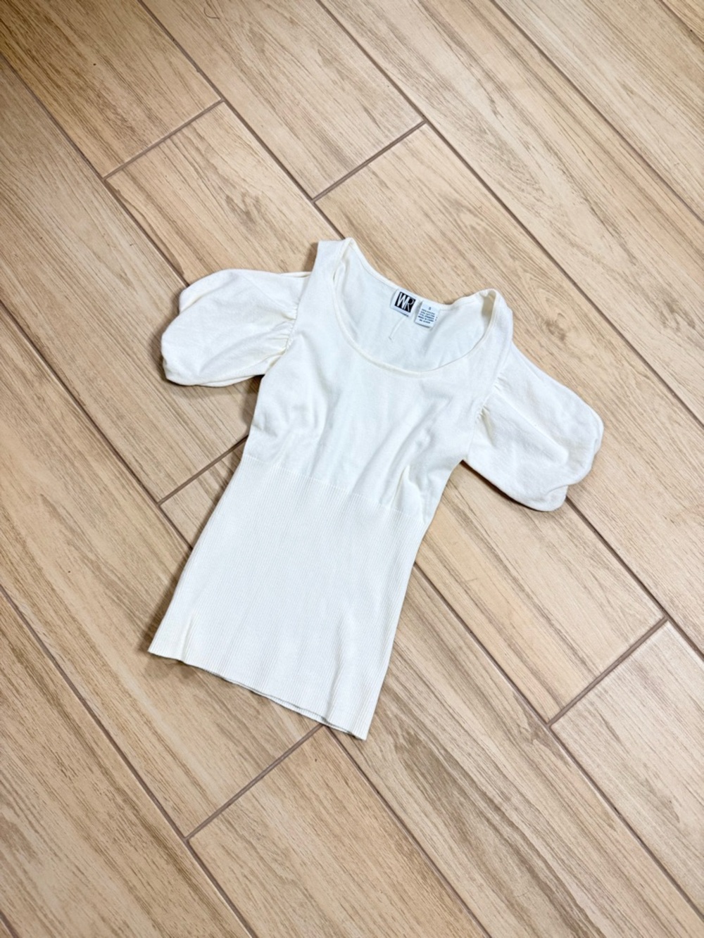 NWOT WR Boutique Mixed Media Puff Sleeve Ribbed Knit Top Cream White Small